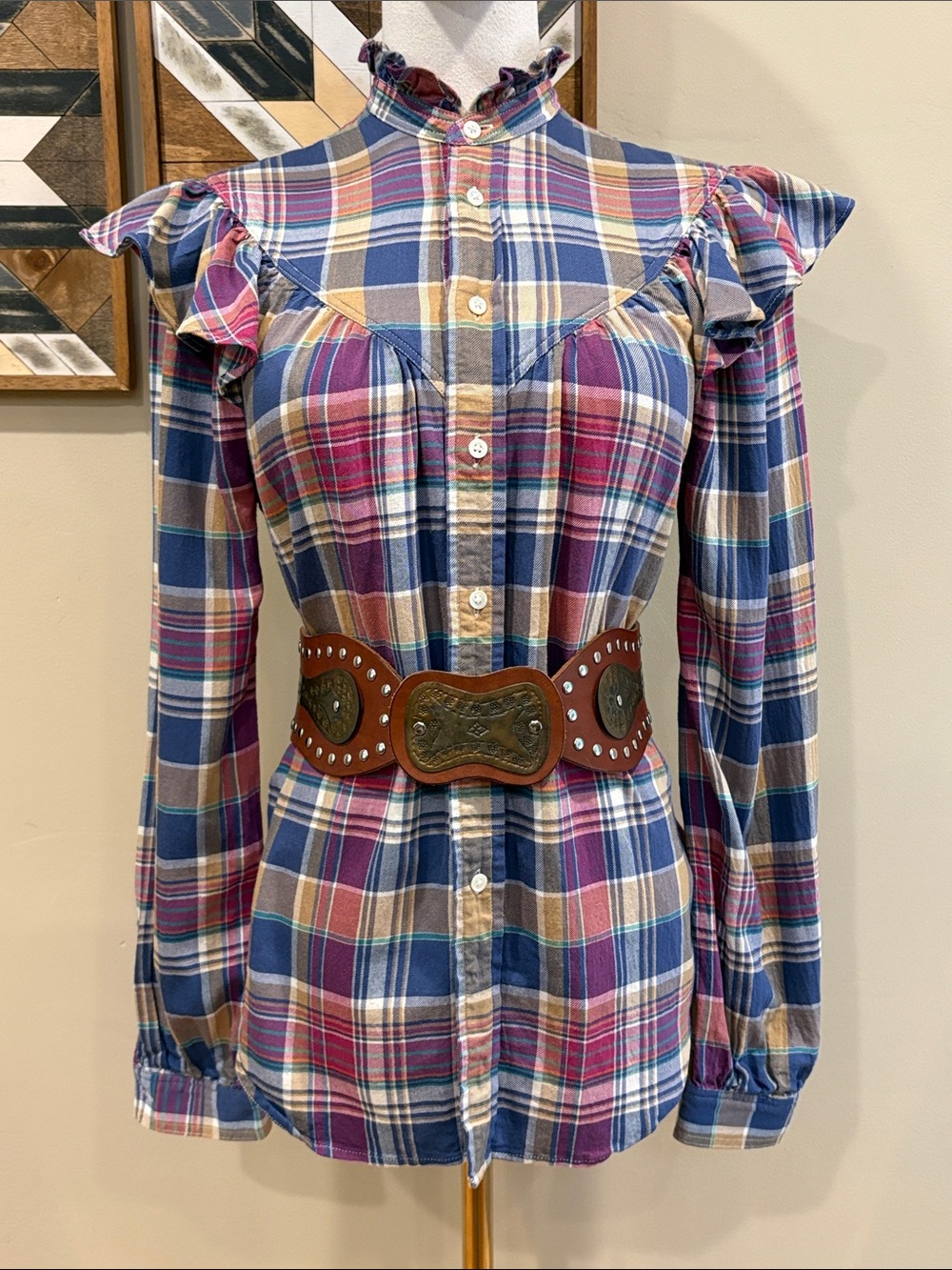 Polo Ralph Lauren Western Plaid Ruffle Yoke Button-Down Blouse size 2